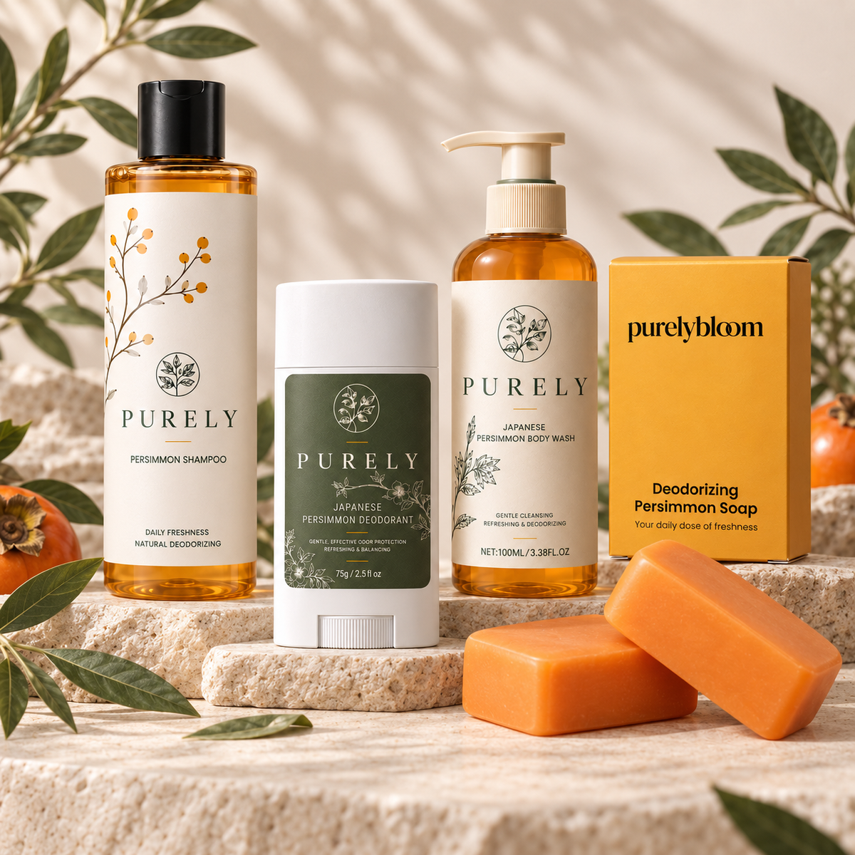 Complete PurelyBloom ritual: shampoo, deodorant, body wash and two persimmon soap bars